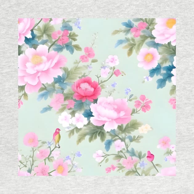 Soft watercolor flowers and birds on mint green by SophieClimaArt